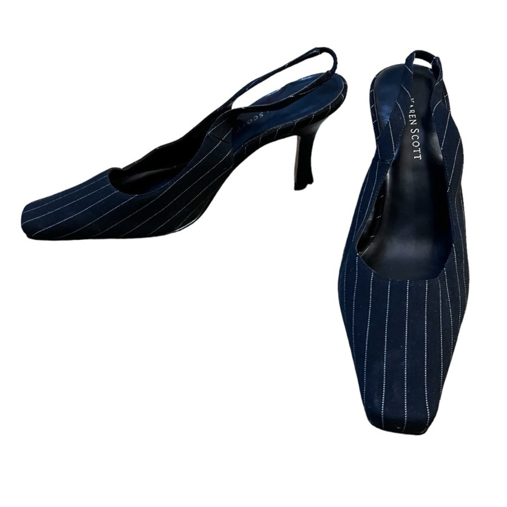 Womens Karen Scott Black Pinstripe Slingback 3” Heels Shoes Sz 7.5 Square Toe